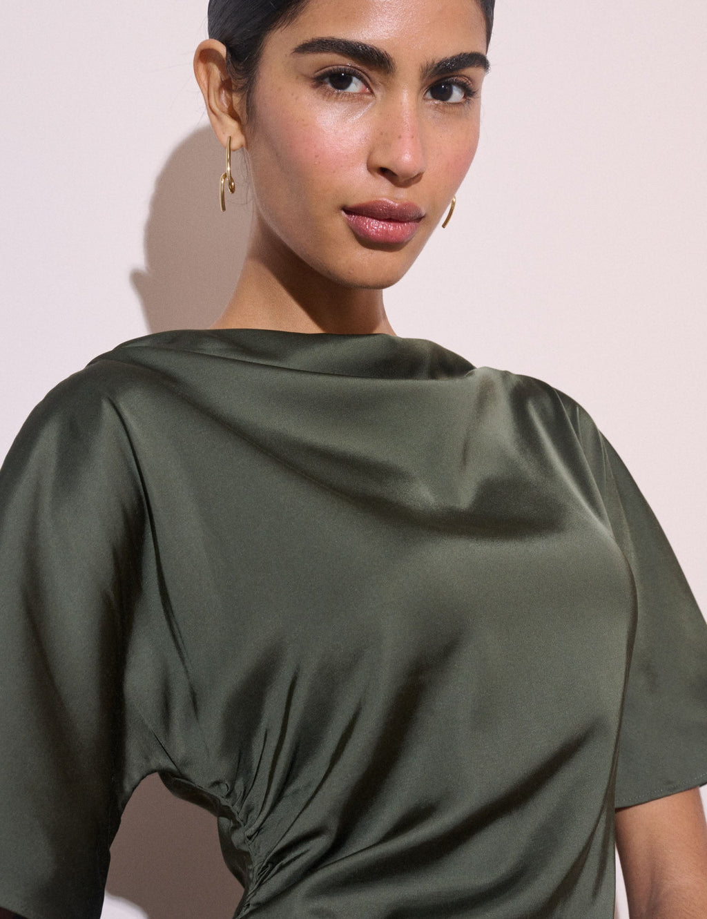 Olive Green Ruched Satin Britney Midi Dress