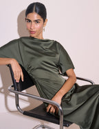 Olive Green Ruched Satin Britney Midi Dress