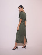Olive Green Ruched Satin Britney Midi Dress