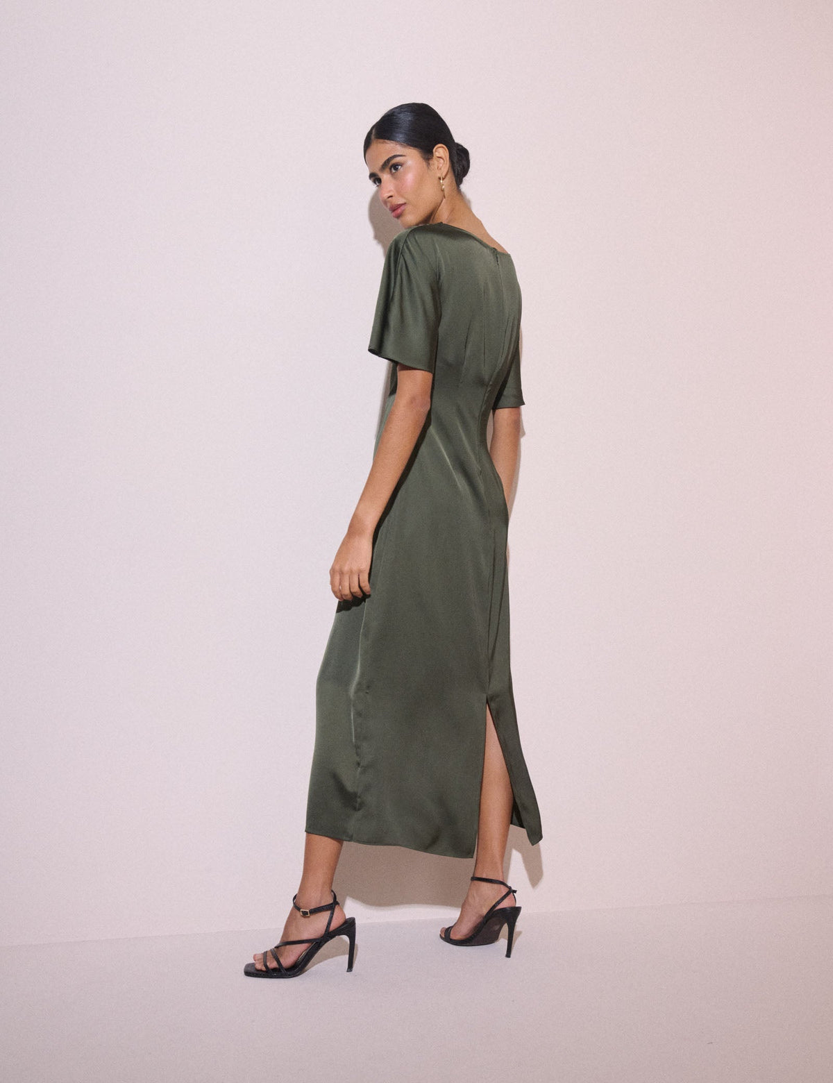 Olive Green Ruched Satin Britney Midi Dress