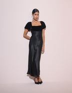 Black Satin Puff Sleeve Elizabeth Midi Dress