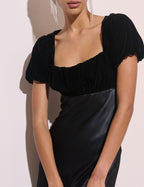 Black Satin Puff Sleeve Elizabeth Midi Dress