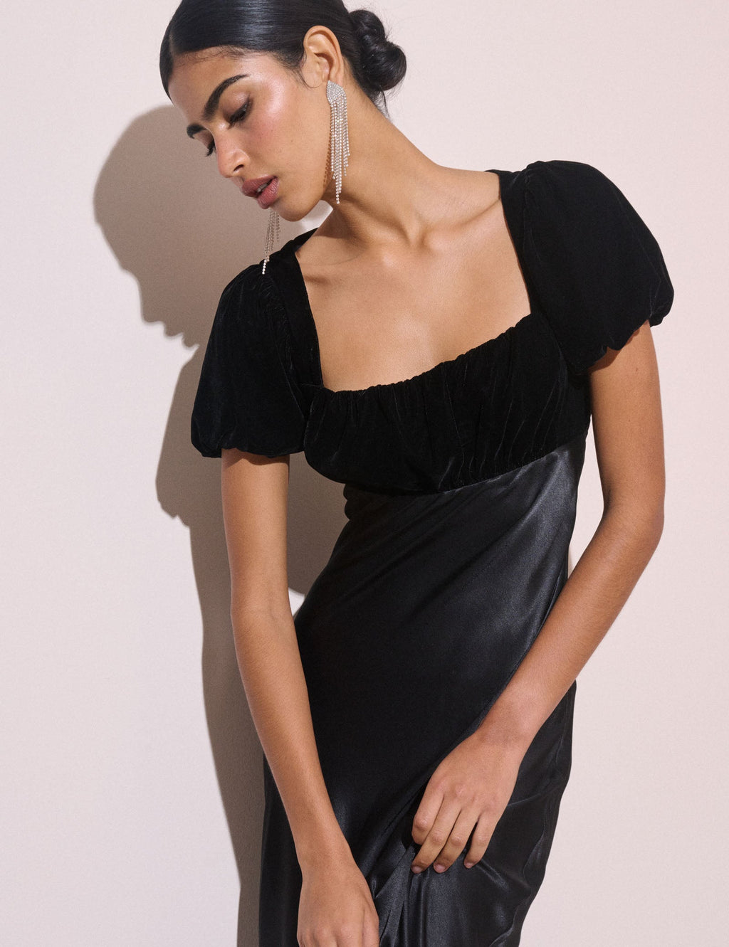 Black Satin Puff Sleeve Elizabeth Midi Dress