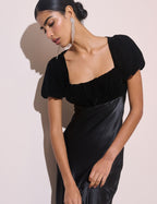 Black Satin Puff Sleeve Elizabeth Midi Dress