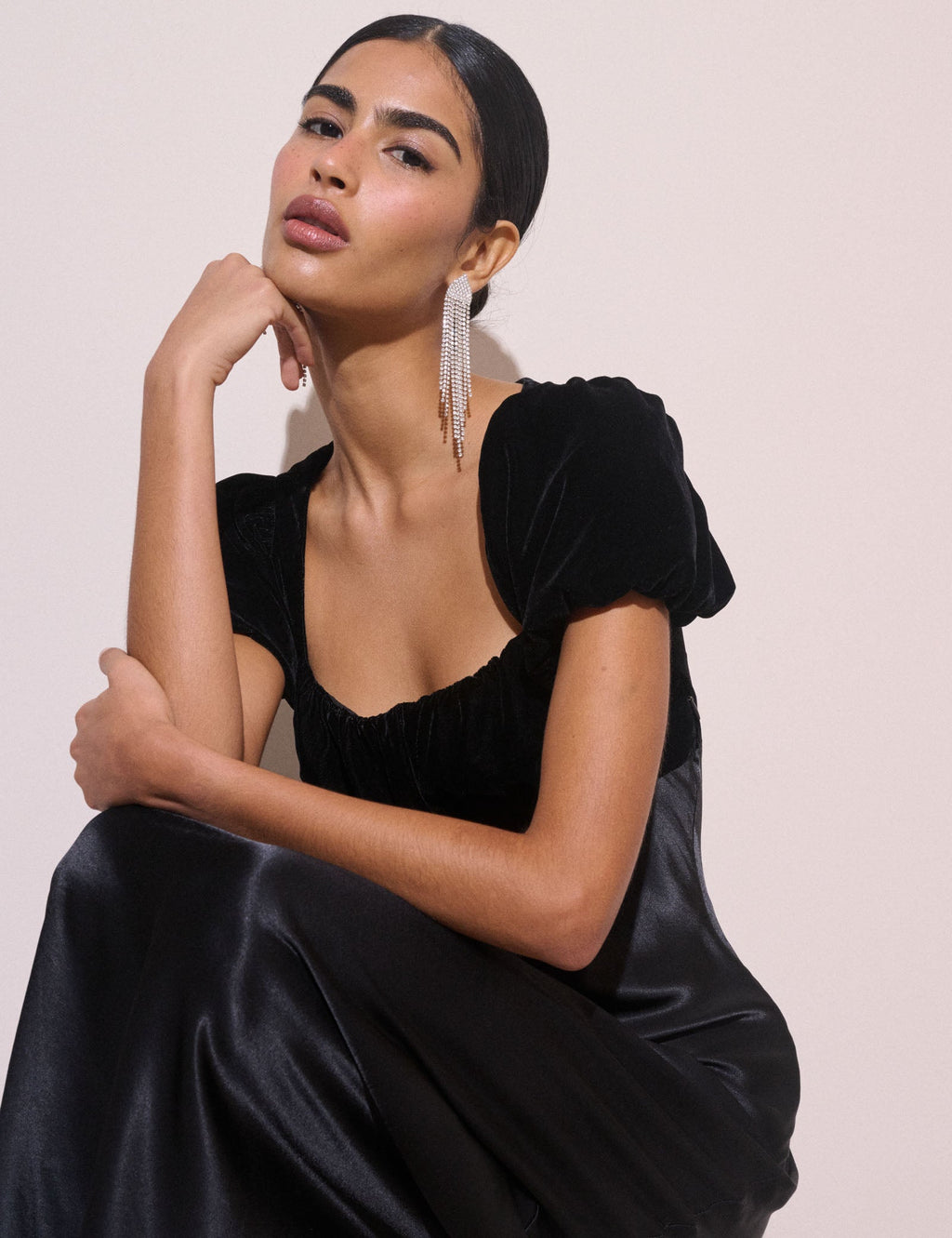 Black Satin Puff Sleeve Elizabeth Midi Dress