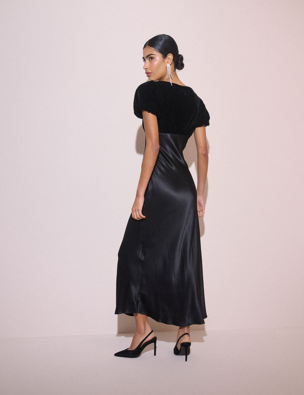 Black Satin Puff Sleeve Elizabeth Midi Dress