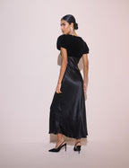 Black Satin Puff Sleeve Elizabeth Midi Dress