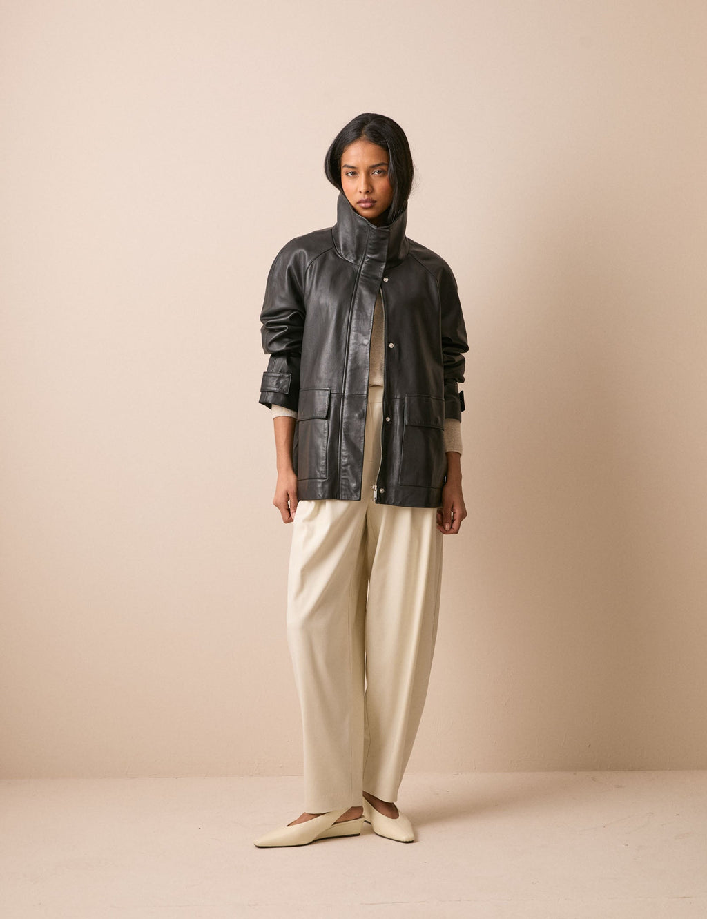 Black Leather Funnel Neck Langham Jacket