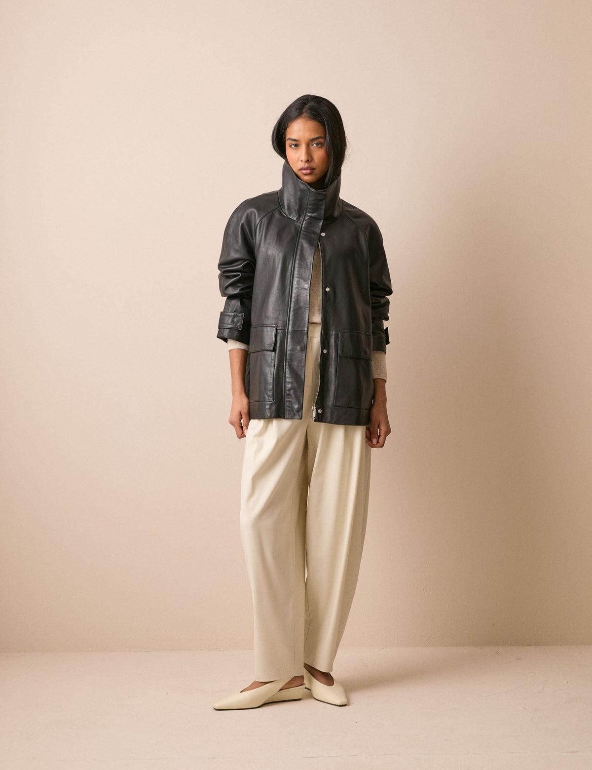 Black Leather Funnel Neck Langham Jacket