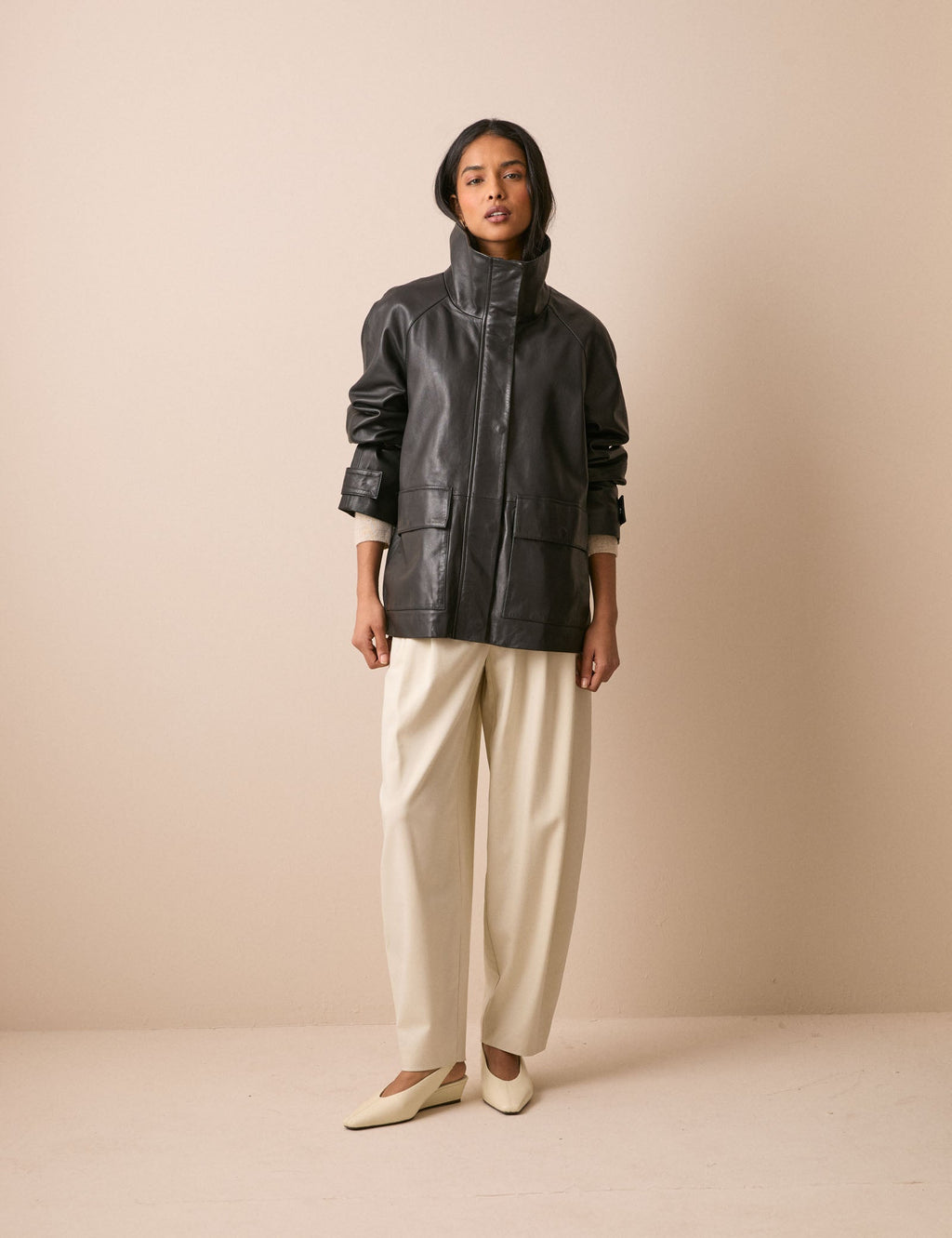 Black Leather Funnel Neck Langham Jacket