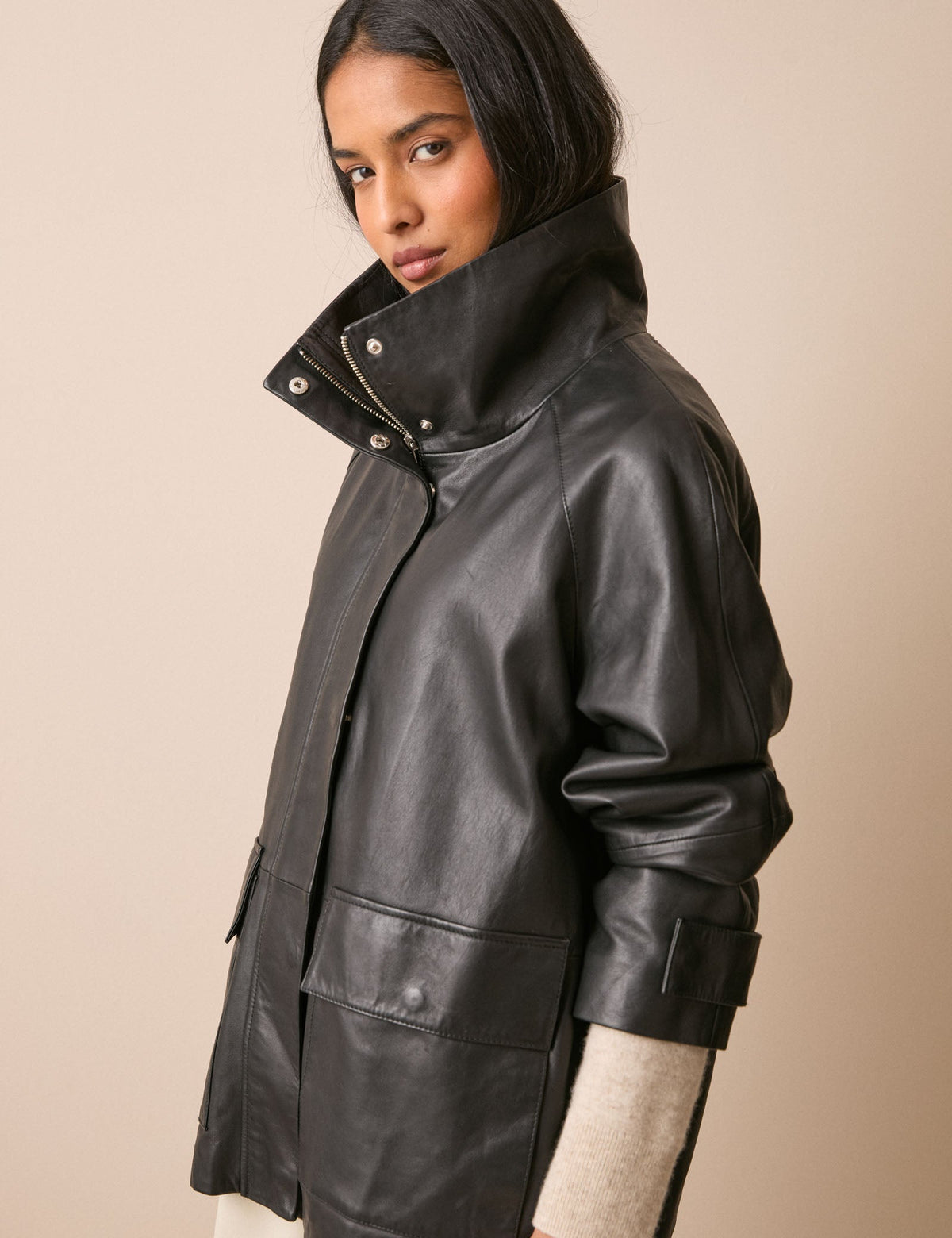 Black Leather Funnel Neck Langham Jacket