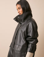 Black Leather Funnel Neck Langham Jacket