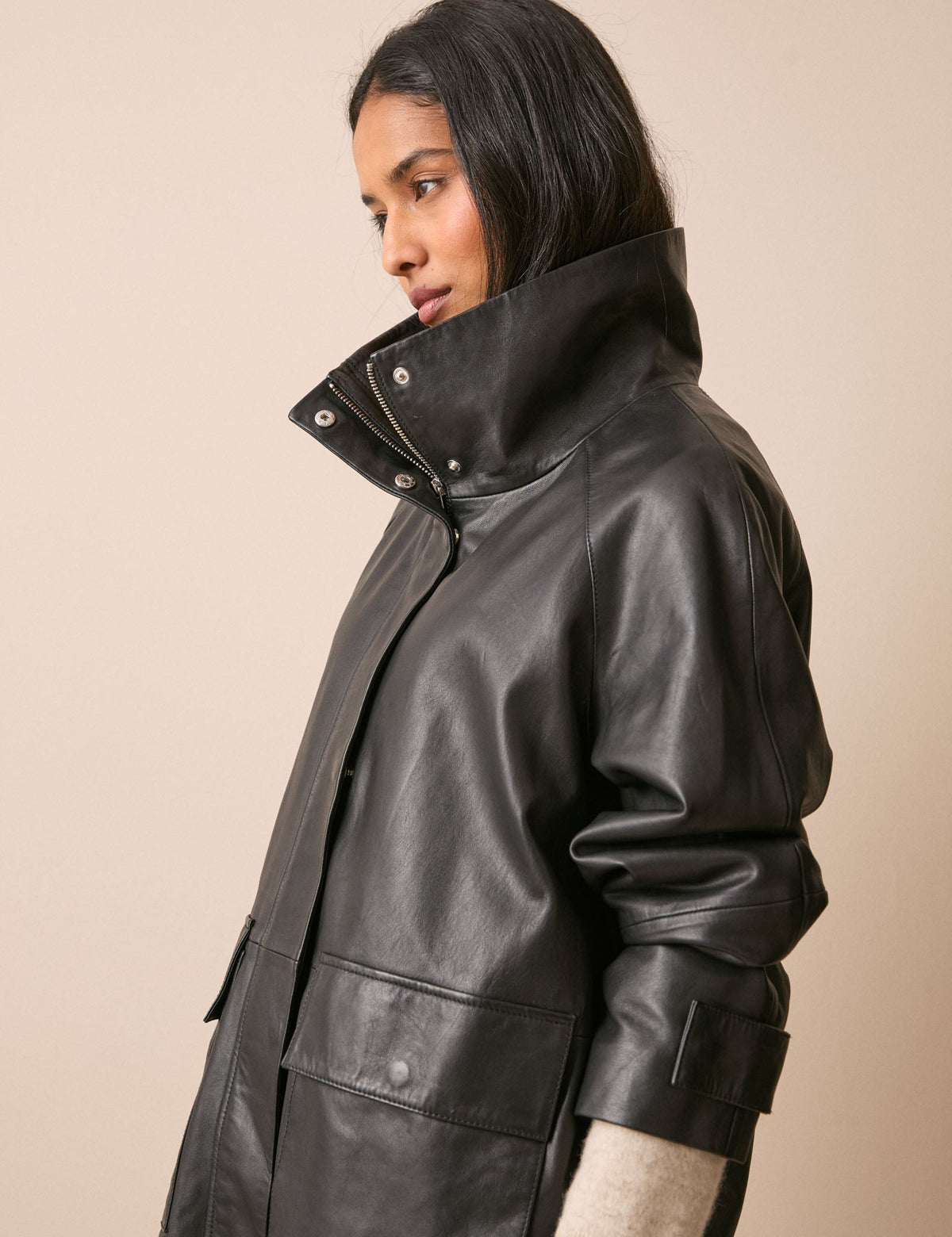 Black Leather Funnel Neck Langham Jacket