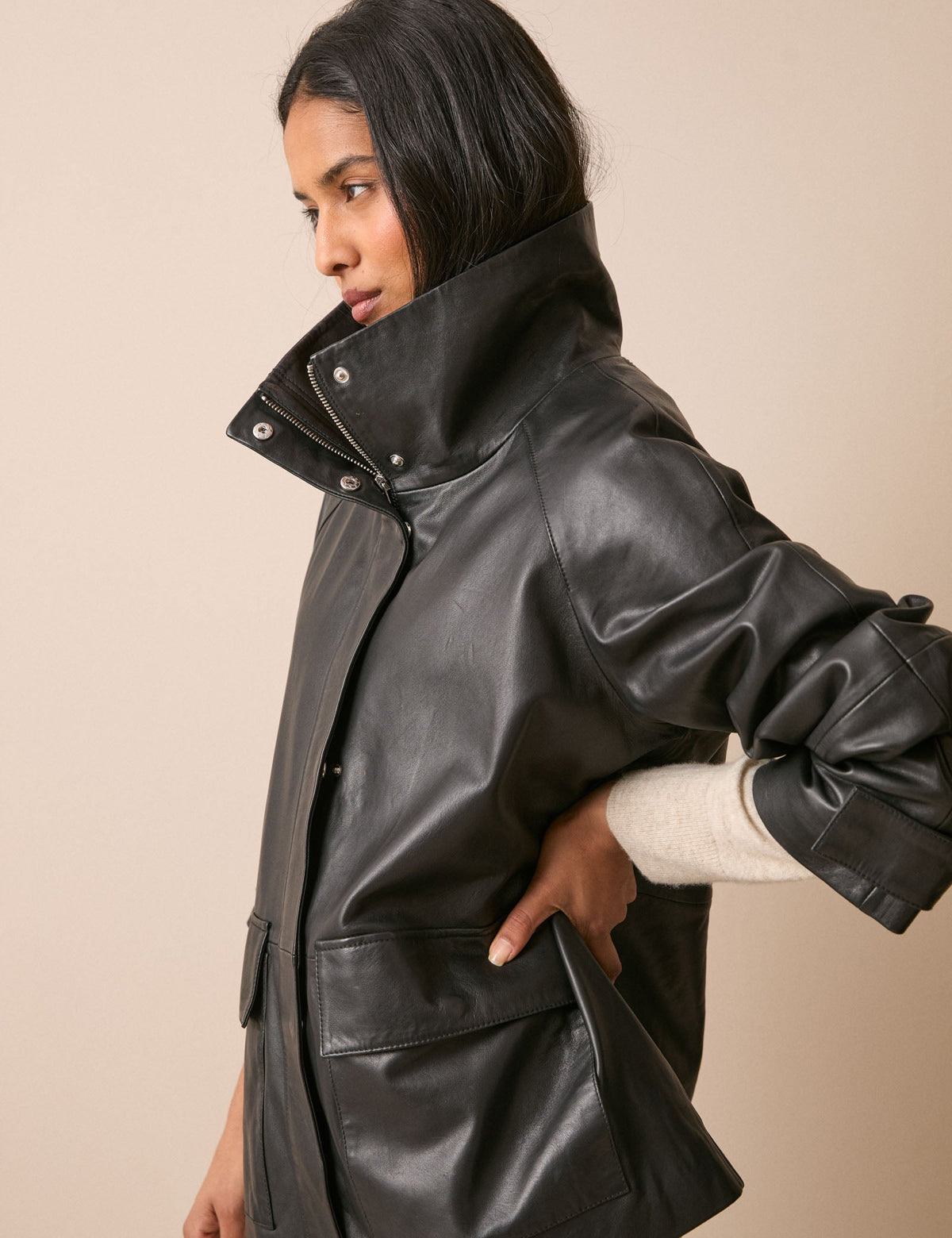 Black Leather Funnel Neck Langham Jacket