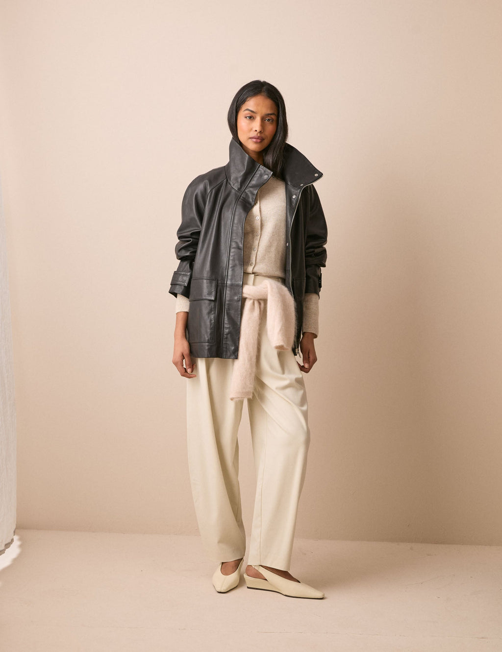 Black Leather Funnel Neck Langham Jacket