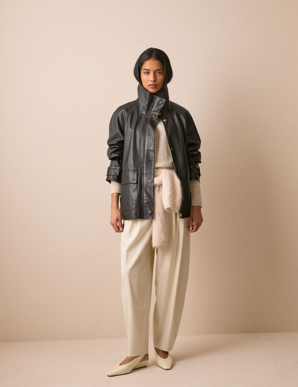Black Leather Funnel Neck Langham Jacket