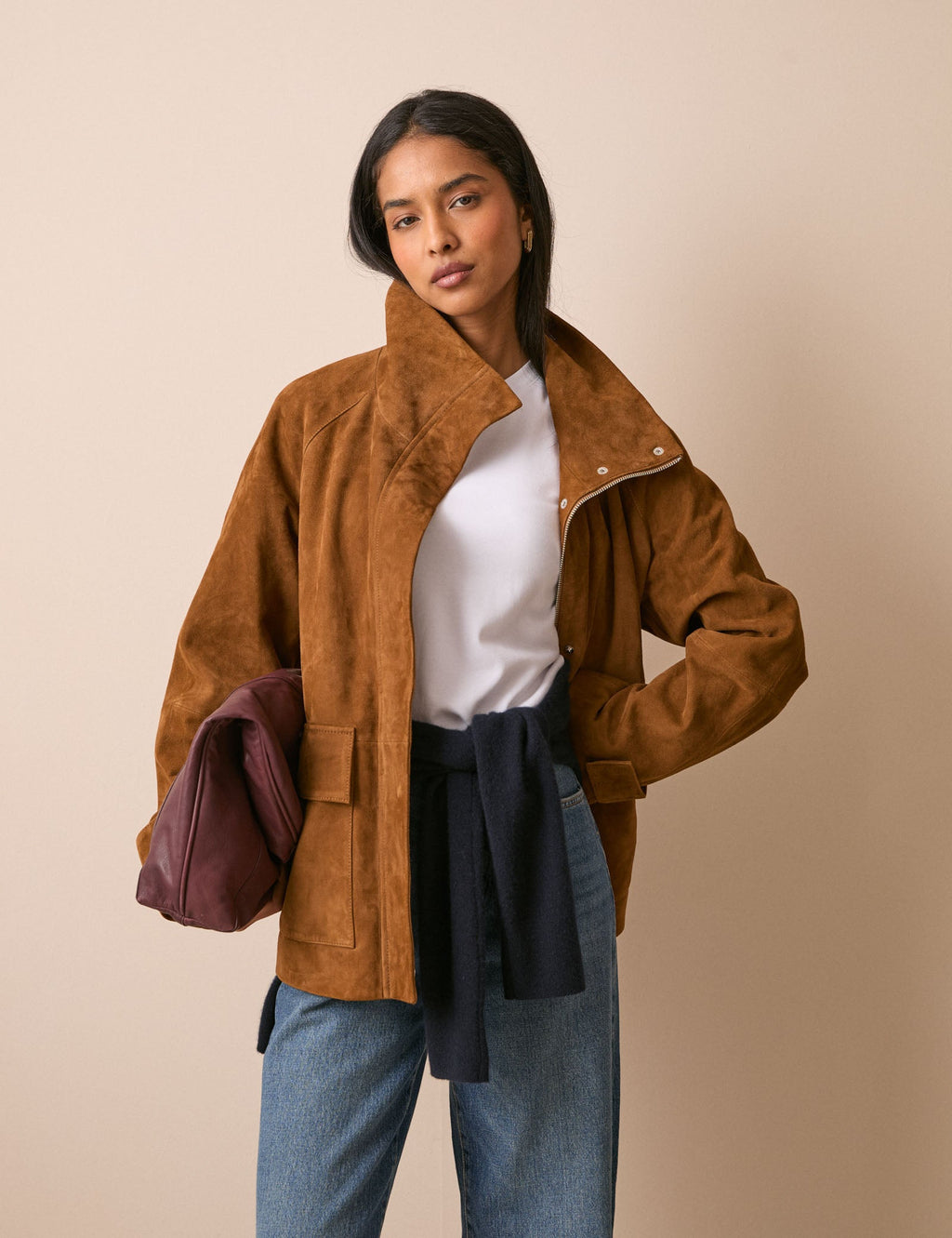Tan Suede Funnel Neck Langham Jacket