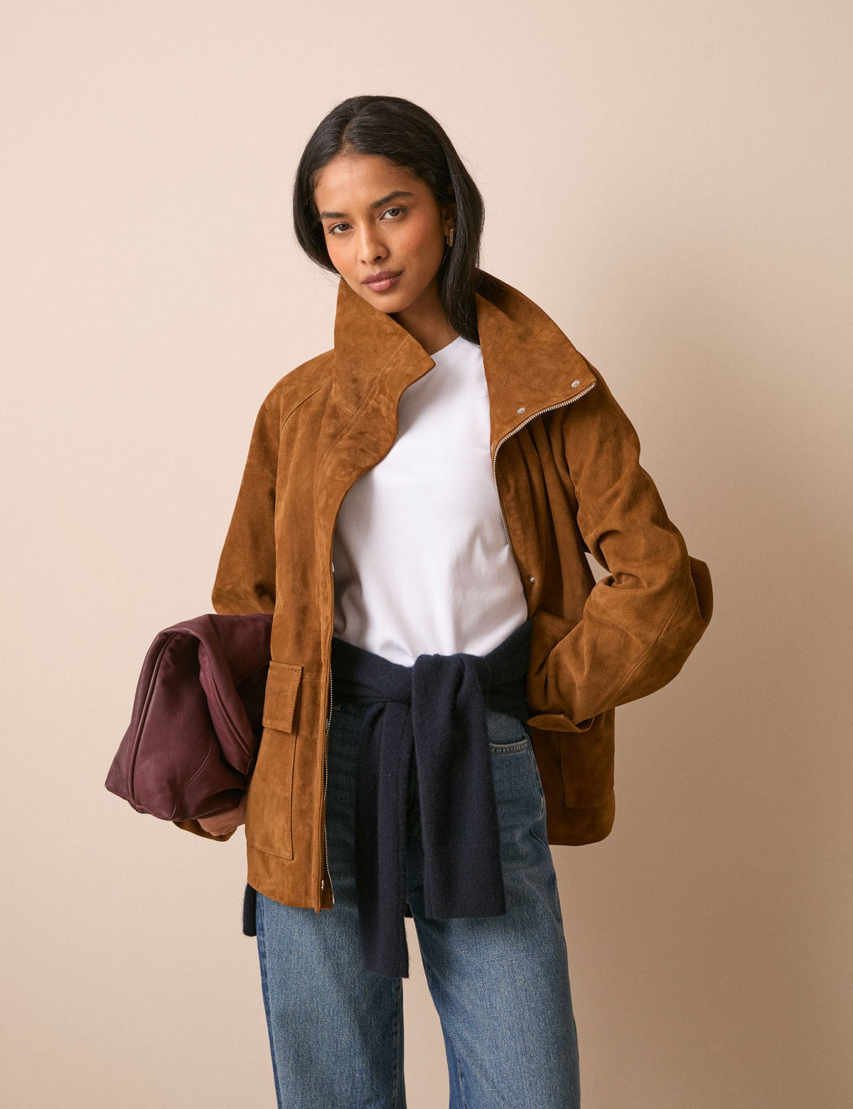 Tan Suede Funnel Neck Langham Jacket