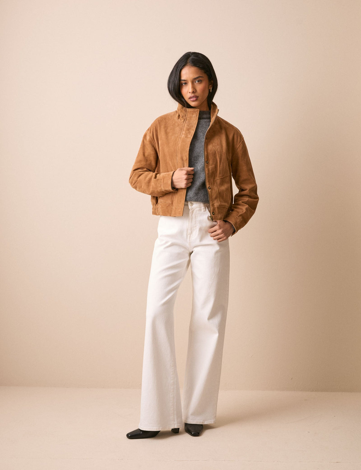 Brown Funnel Neck Suede Bomber