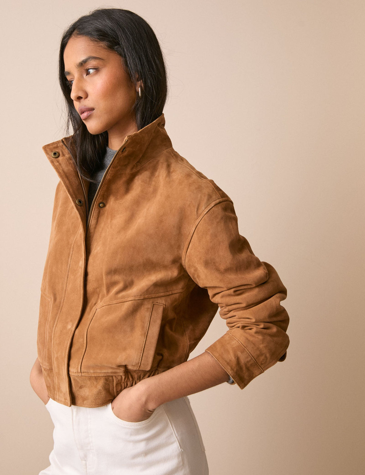 Brown Funnel Neck Suede Bomber