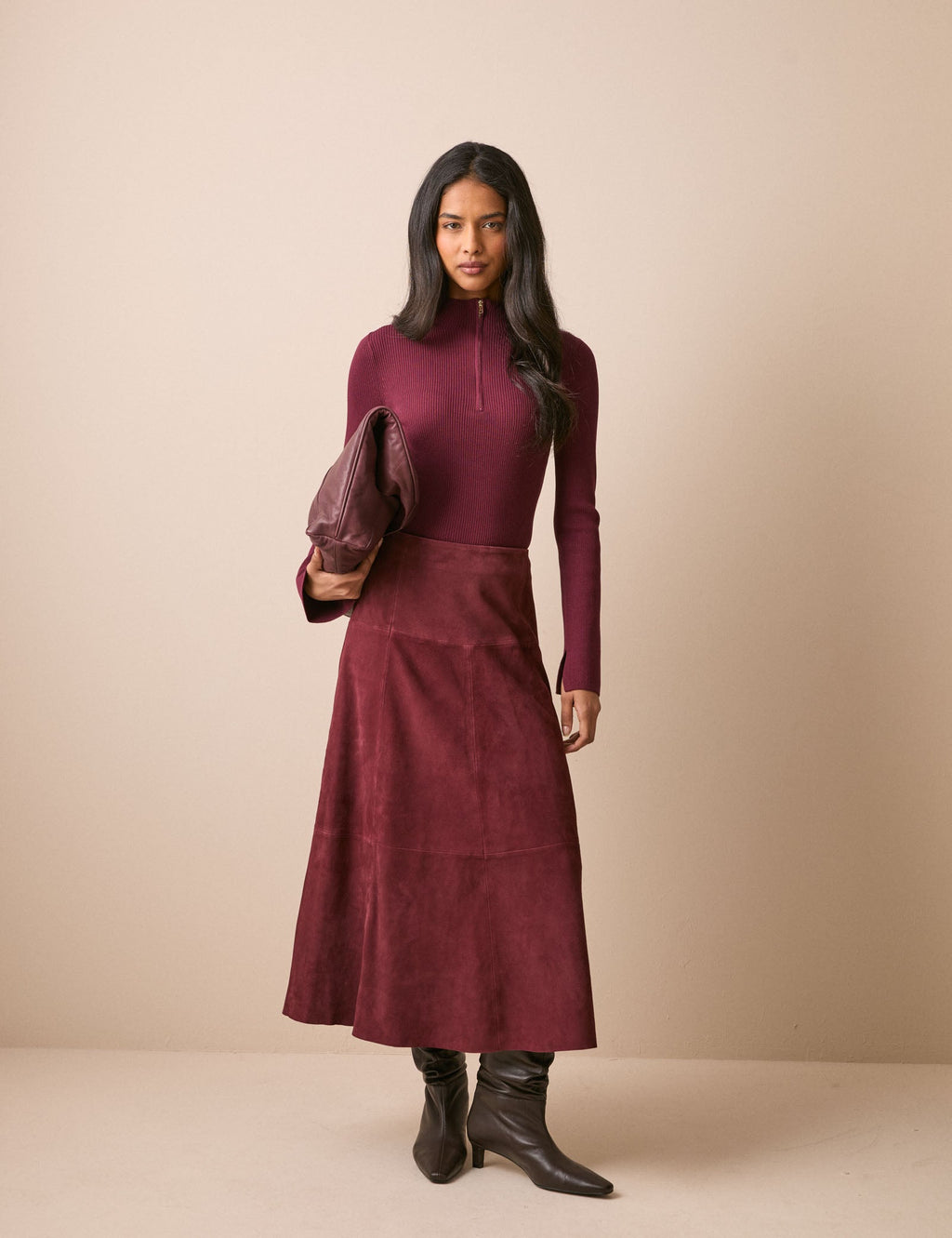 Burgundy Suede Midi Skirt