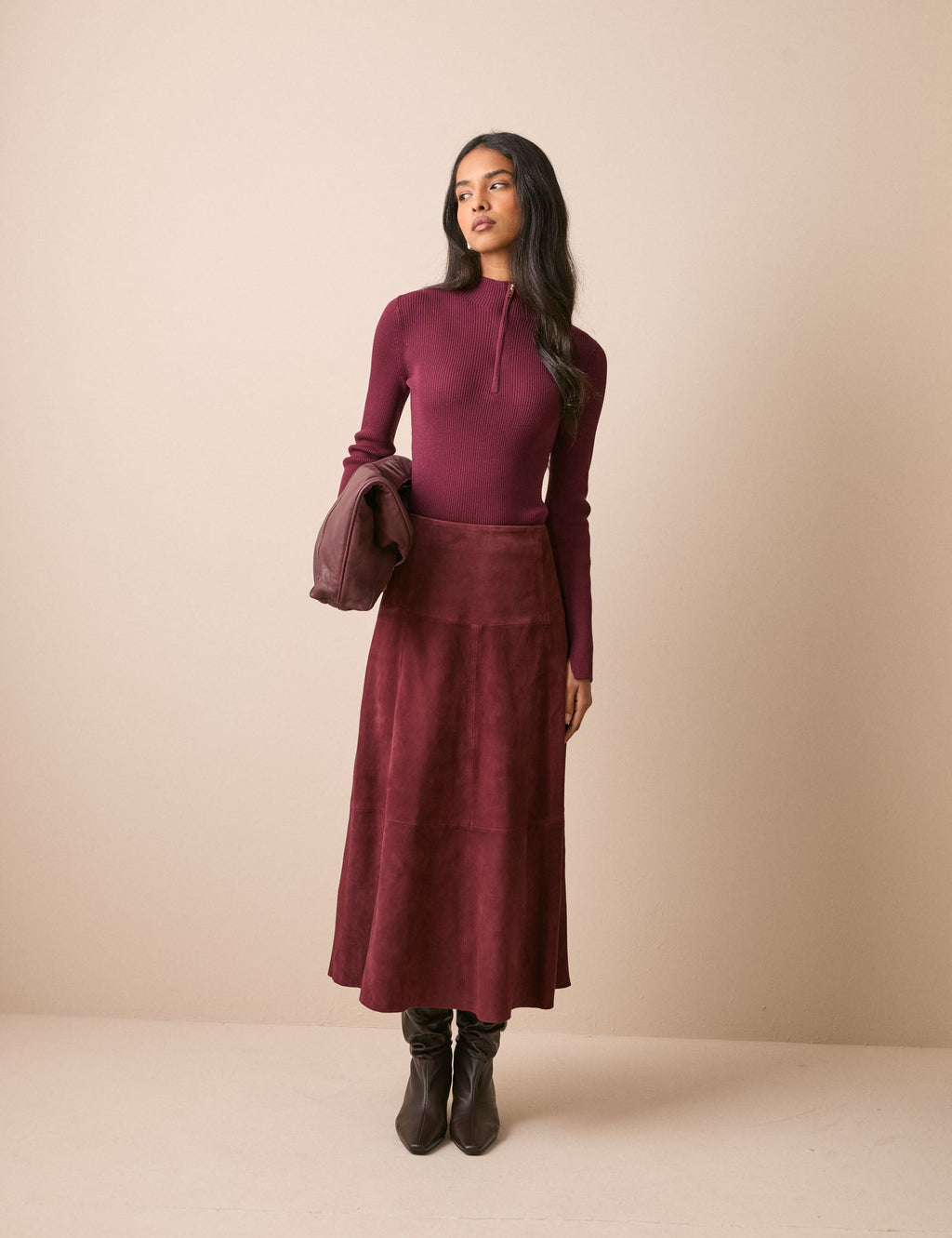 Burgundy Suede Midi Skirt