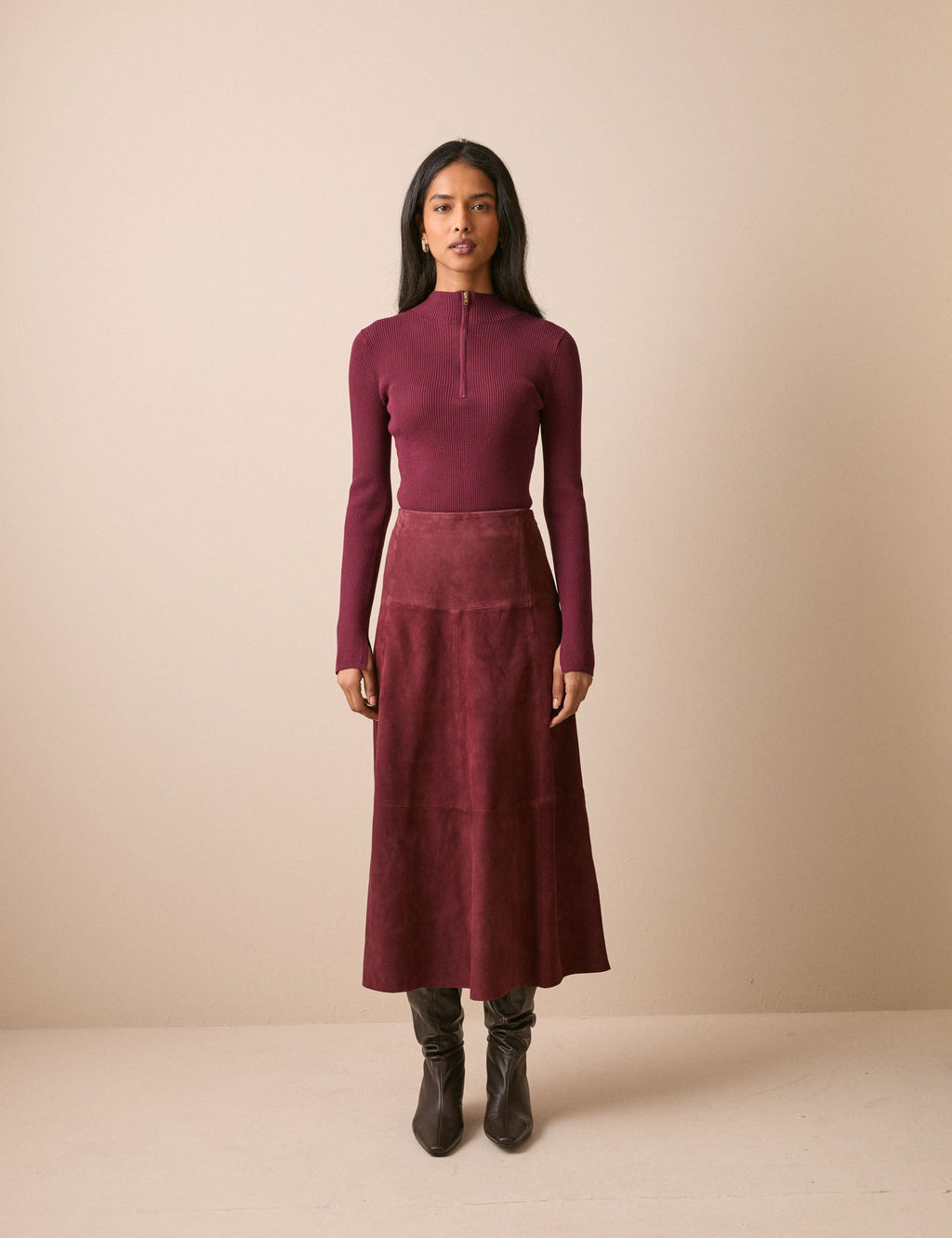 Burgundy Suede Midi Skirt