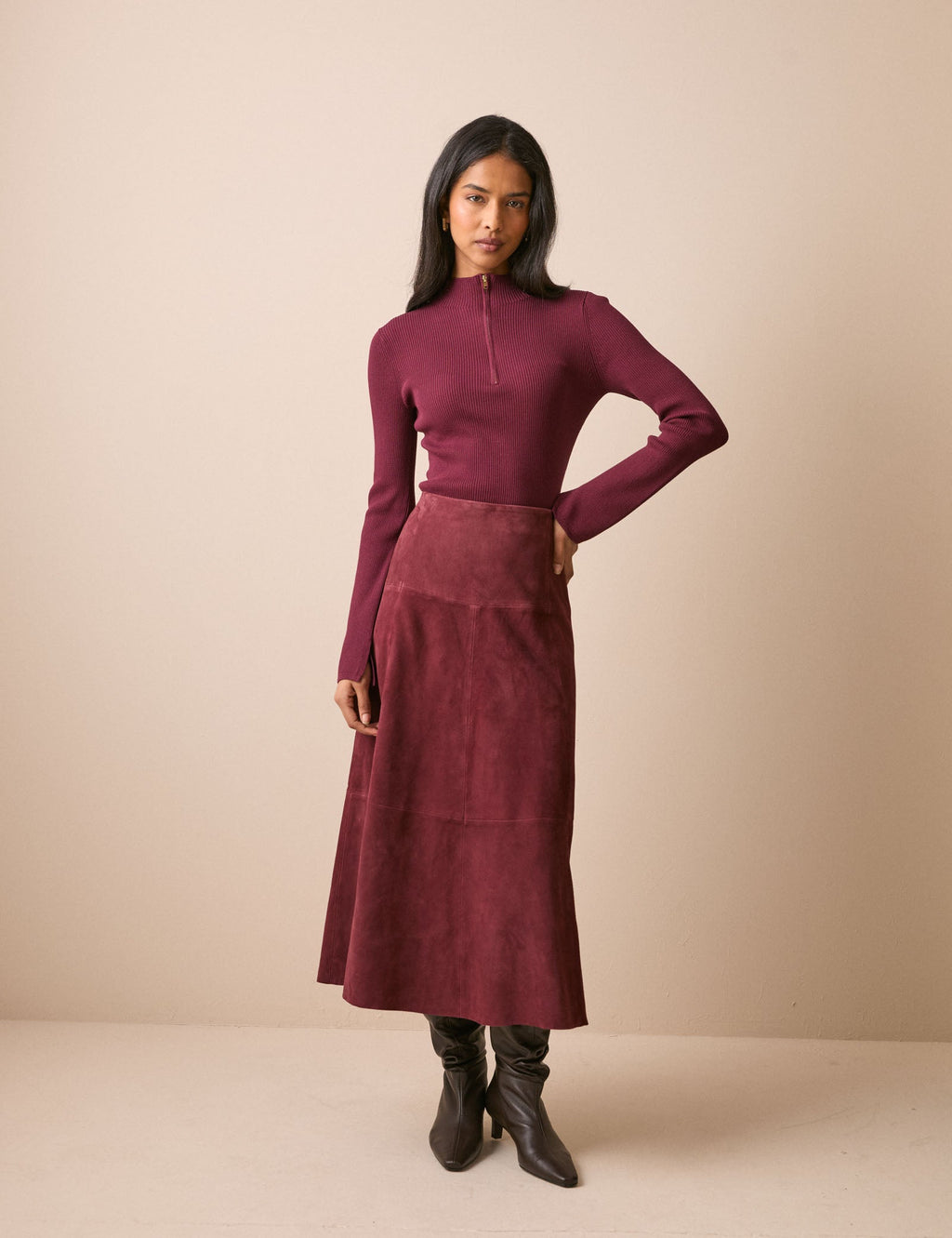 Burgundy Suede Midi Skirt