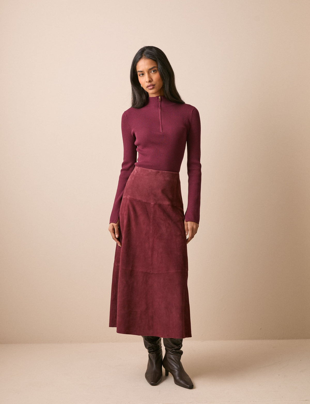 Burgundy Suede Midi Skirt