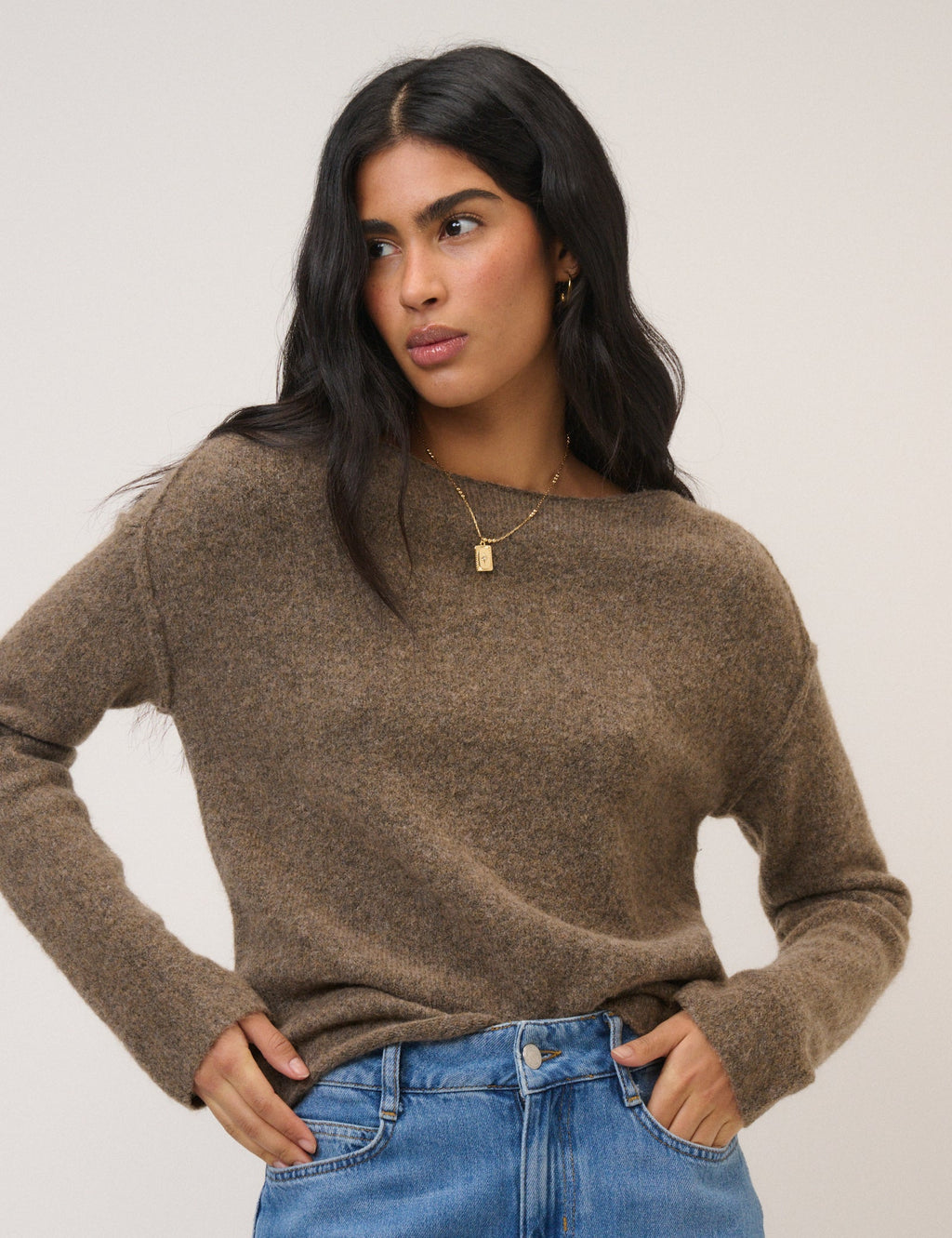 Brown Slash Neck Knitted Jumper