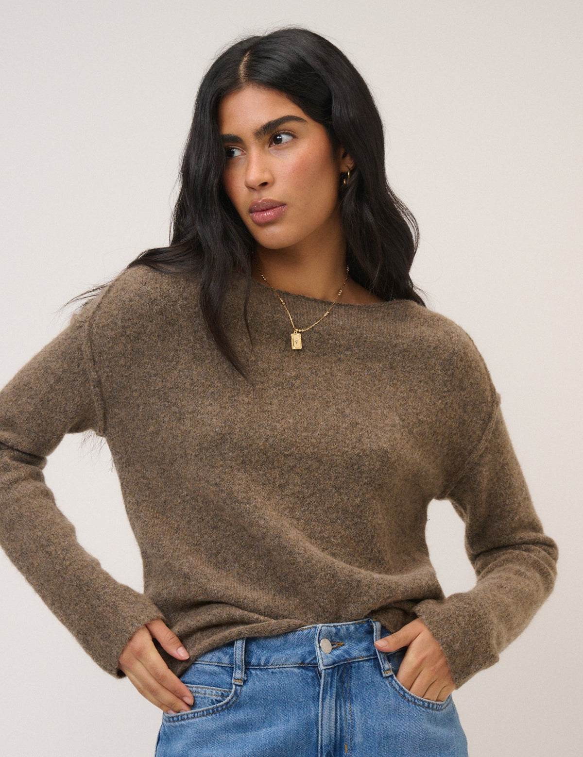 Brown Slash Neck Knitted Jumper
