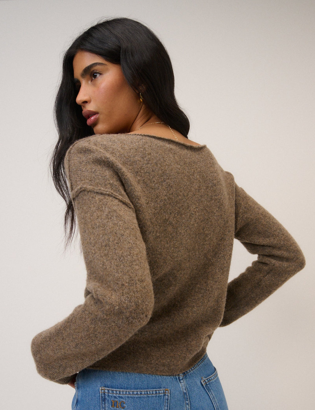 Brown Slash Neck Knitted Jumper