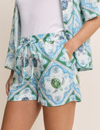 Blue Ocean Print Linen-Blend Top & Shorts Set