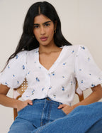 White and Blue Ditsy Floral Puff Sleeve Top