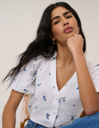 White and Blue Ditsy Floral Puff Sleeve Top