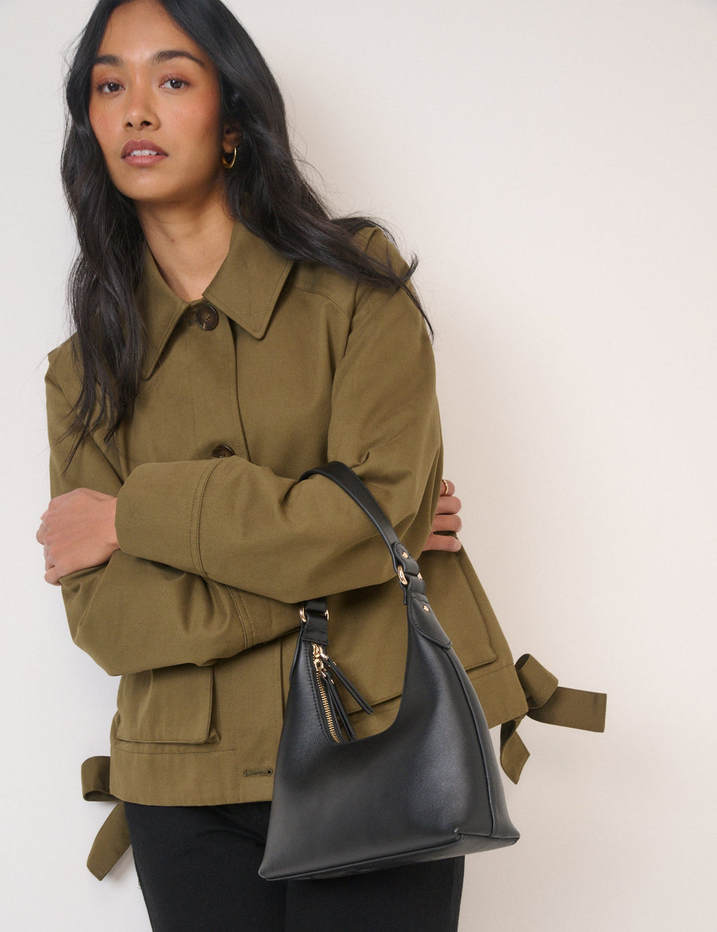 Black Leather Dipped Shoulder Bag