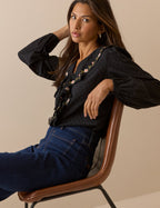 Black Embroidered Floral Ruffle Trim Top
