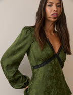Olive Green Jacquard Floral Lace Trim Angela Top