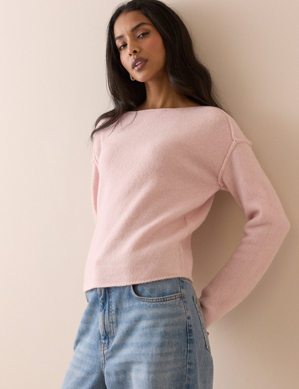 Pink Slash Neck Knitted Jumper