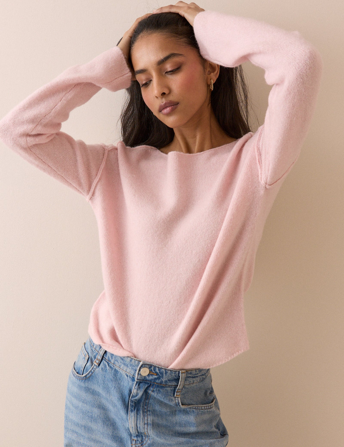 Pink Slash Neck Knitted Jumper