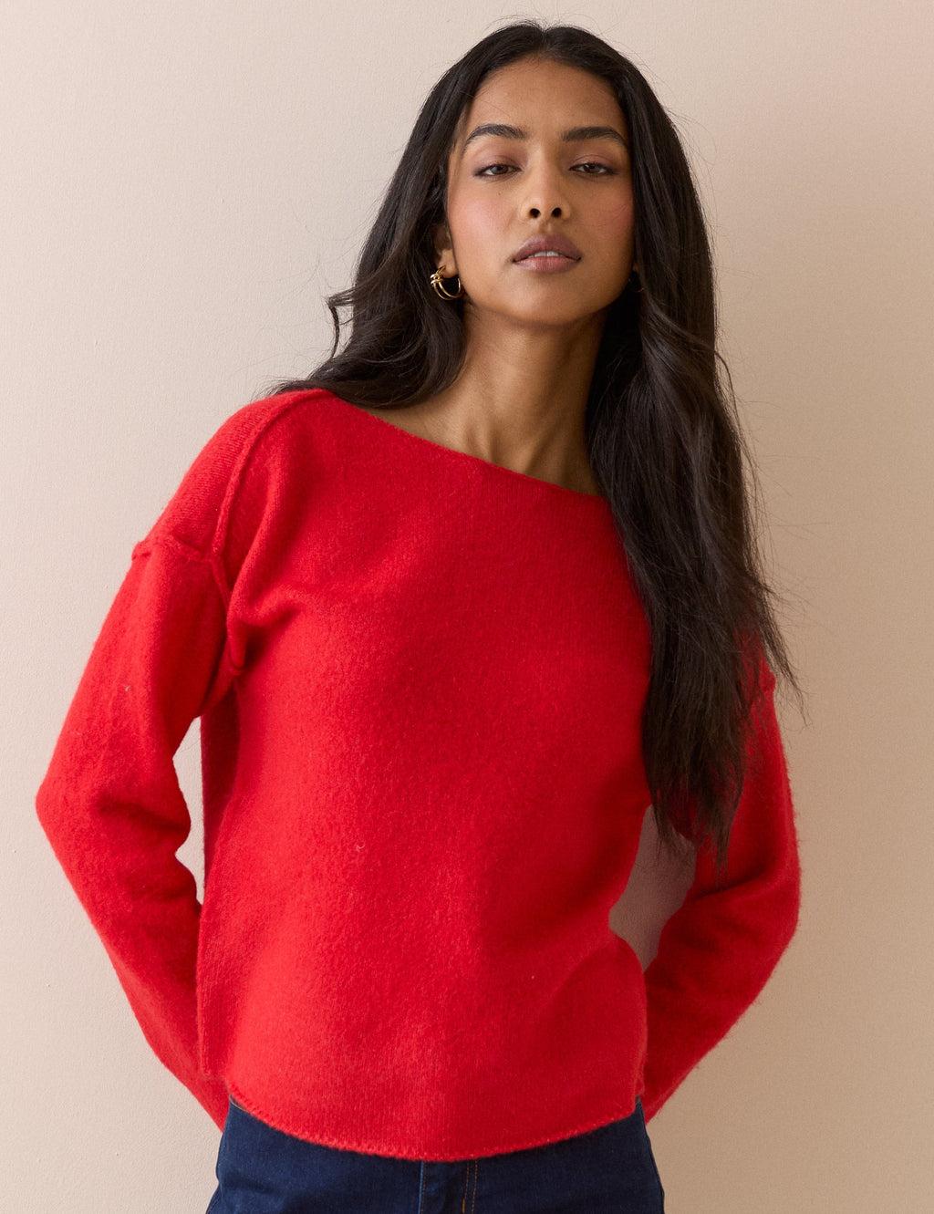 Red Slash Neck Knitted Jumper