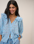 Blue Floral Short Sleeve Blouse