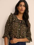 Black Floral Short Sleeve Blouse