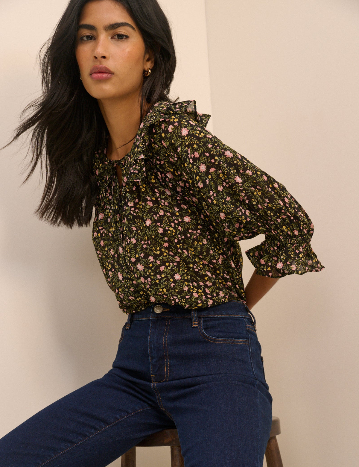 Black Floral Short Sleeve Blouse