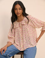 Cream and Pink Floral Short Sleeve Blouse