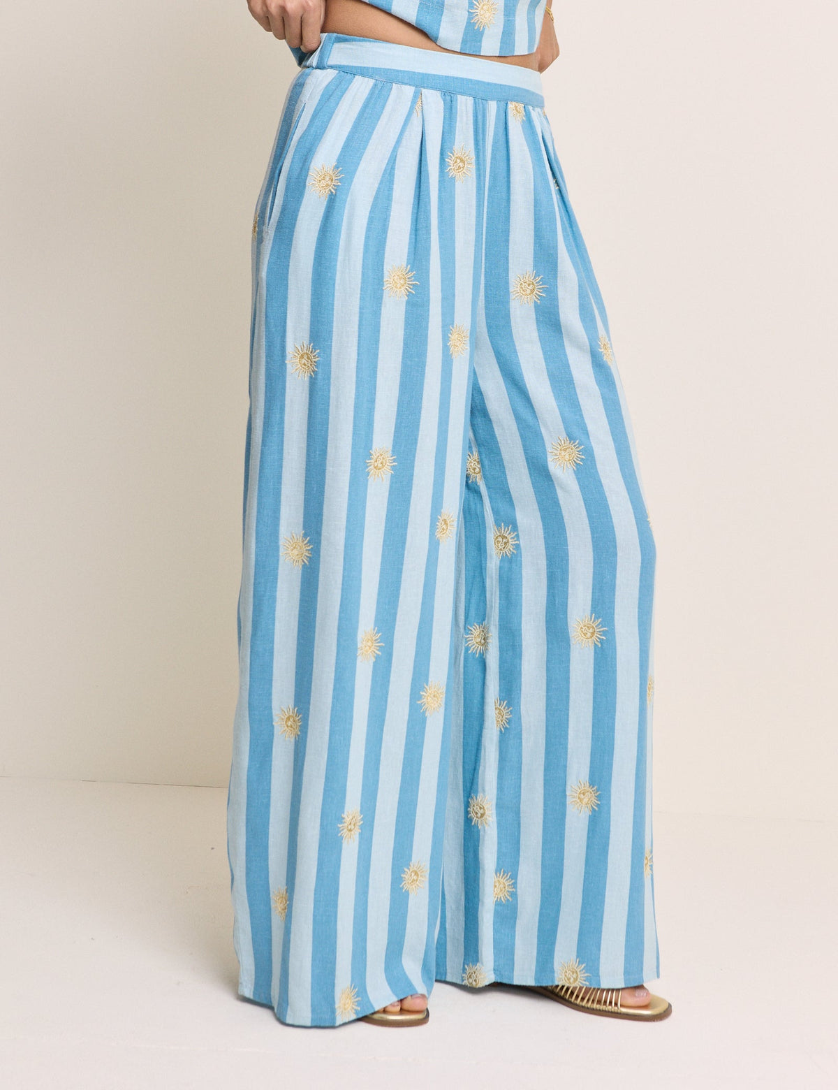 Blue Striped Linen-Blend Top & Trousers Set