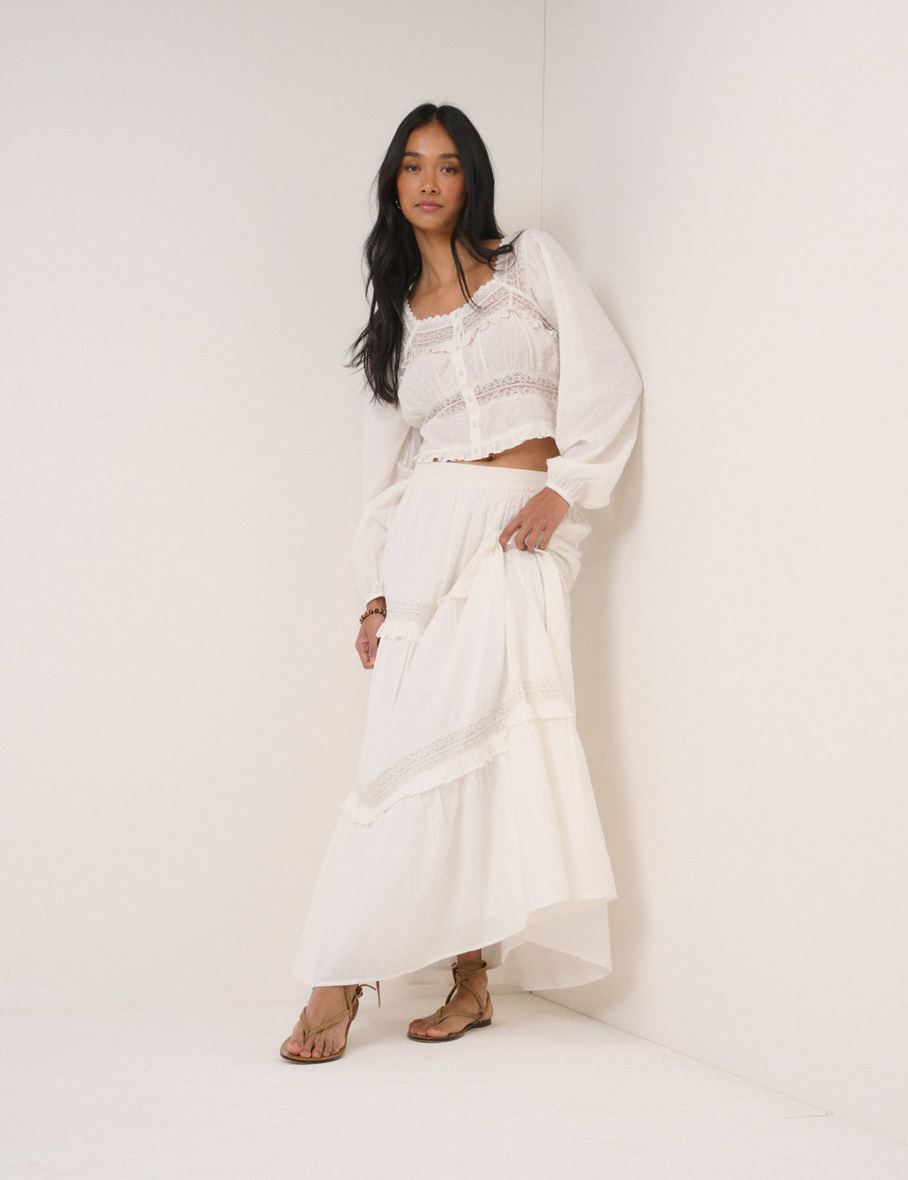 White Tiered Midi Skirt