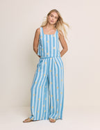 Blue Striped Linen-Blend Top & Trousers Set