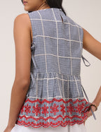 Black Gingham Embroidered Top & Trousers Set