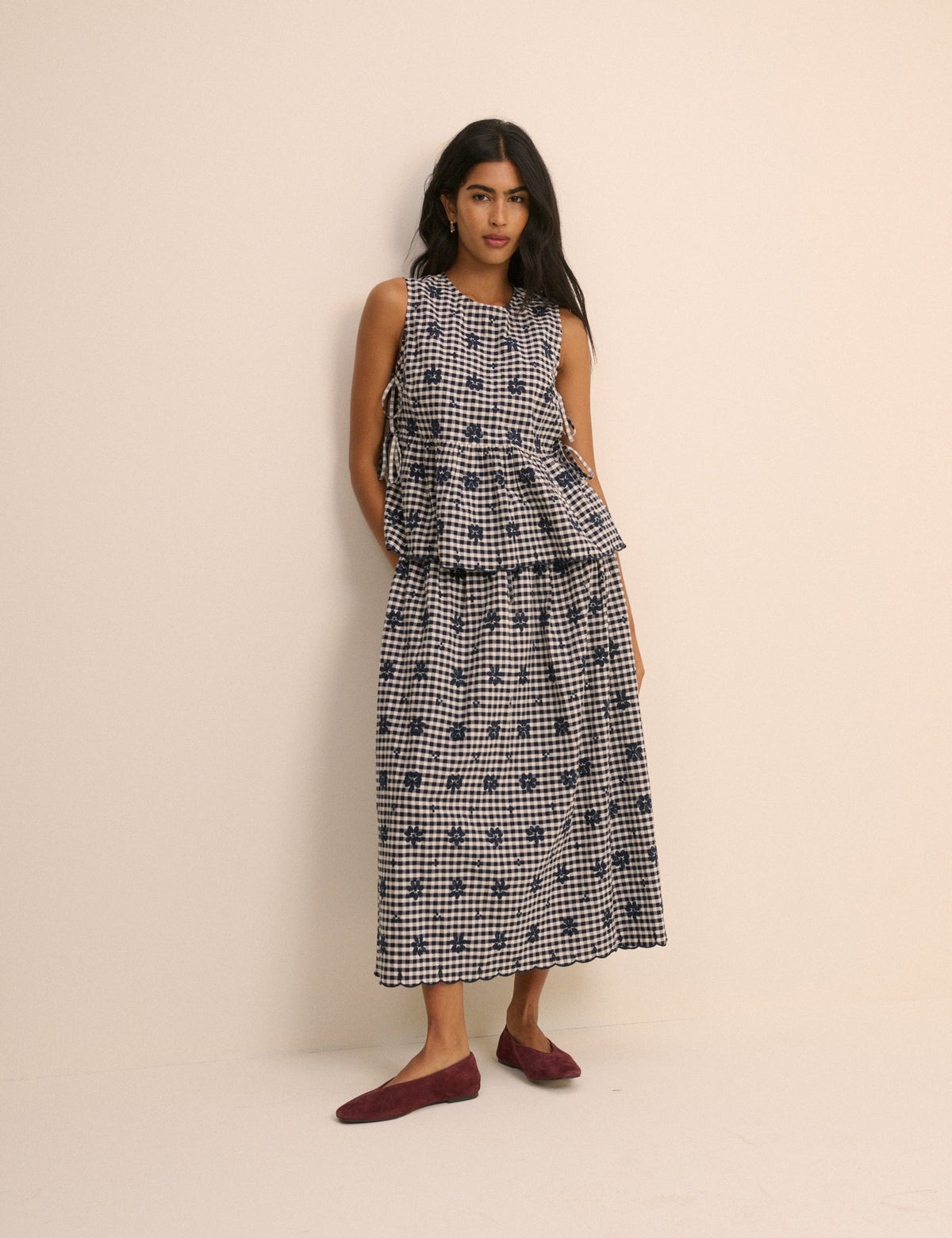 Navy Gingham Side Tie Swing Top